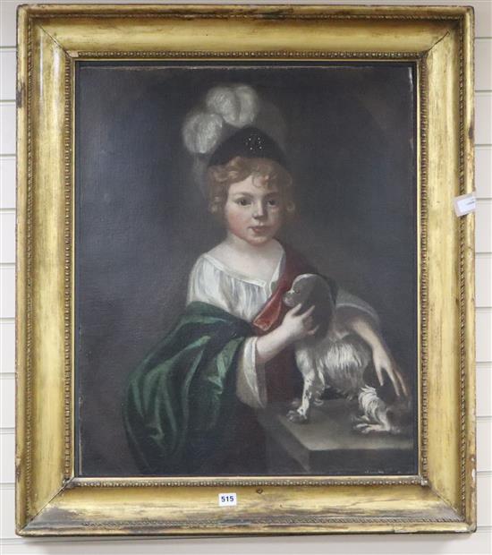 Circle of Charles DAgar (French 1669-1723), Half-length portrait of a child with a spaniel, oil on canvas, 74 x 60cm